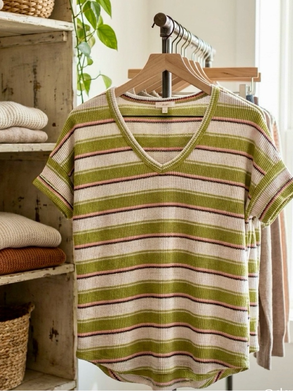 Cherish Olive & Cream Striped V-Neck Short Sleeve Top - Picture 1 of 3